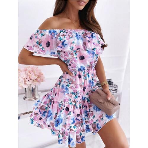 Summer Boho Dress Woman Fashion Sexy Slash Neck Off Shoulder Floral Beach Dresses Mini Ruffles Sweet Party Dress Robe Femme