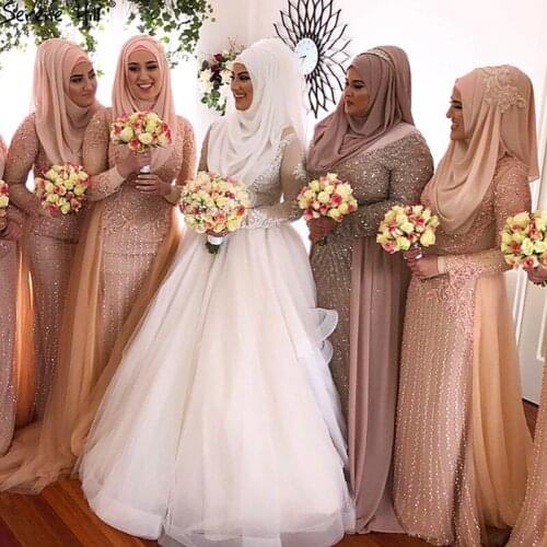 Muslim Mermaid long Sleeves Prom Dresses 2020 Beading Beading Luxury Sparkle Formal Prom Gowns Plus Size DLA6547