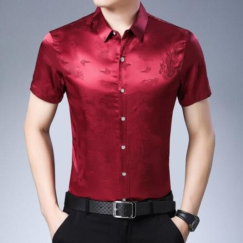 2021 Summer Male Floral Silk Dress Shirts Fashion China Dragon Pattern Streetwear Short Sleeve Mens Soft Silk Clothes Shirts