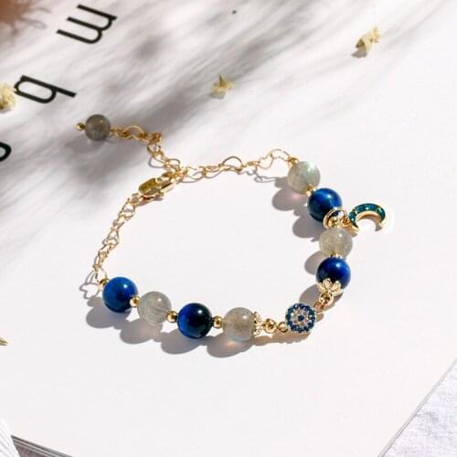 Moon Shape Natural Stone Blue Tigers Eye Gray Moonstone Crystal Beads Handmade Strand Bracelet for Women Fashion Jewelry YBR246