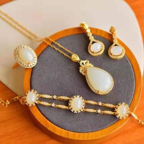 2020 New 925 Silver Inlaid Hetian Jade Droplet Pendant Earrings Ring Bracelet Four-piece Set of Jewelry, Designed for Women Gift