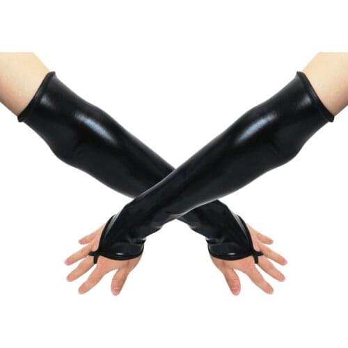 Sexy Long Black Metallic Feel Gloves Synthetic Leather Arm Sleeves Costume New