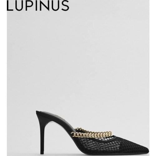 Sexy Women Sandals Hollow Air Mesh Shoes Thin High Heels Chain Design Slip On Party Pumps Fashion Sandals Lace Elegant Shoes