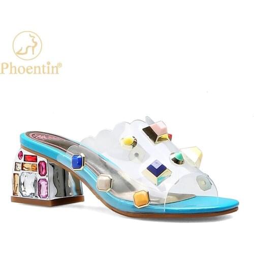 Phoentin transparent PVC slippers woman colorful crystal heels 5cm middle heel shoes ladies peep toe outdoor slipper 2020 FT1055