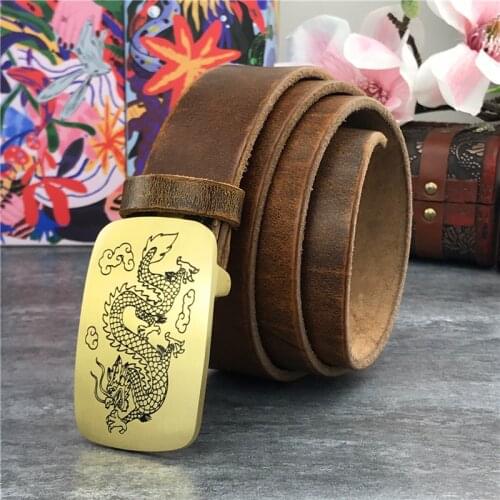 Mens Belts Luxury Brass Dragon Buckle Genuine Leather Belt Male Ceinture Yellow Belt Cowboy Jeans Men' Belt 95-130CM MBT0017