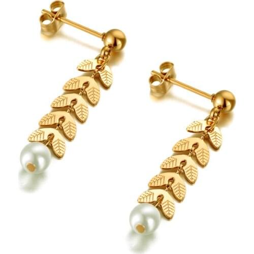 Fashion Titanium Stainless Steel White Simulated Pearl Earrings For Women Girls Rose Gold Leaves Party Earrings E20124