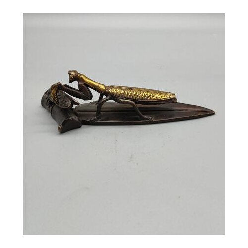 Old Chinese Brass Beautifully Hand Carved Praying Mantis & Cicada Statues