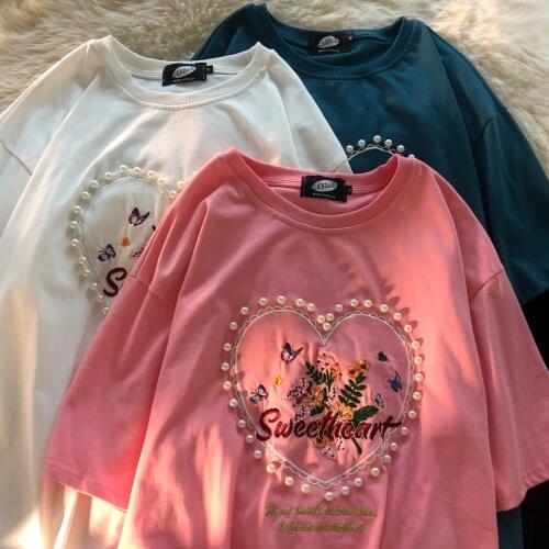 Heavy Industry Love Embroidered Loose Pearl Design Short Sleeve T-shirt Womens Round Neck Mens And Womens Tops Half Sleeve