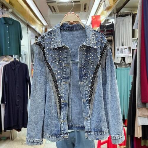 Chaquetas Mujer Autumn 2021 Streetwear Denim Jacket Women Manual Rivet Tassel Chain Short Jeans Jacket Loose Casual Black Coats