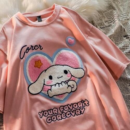 Harajuku Women Shirt Plush Lace Patchwork Short Sleeve Y2K T-Shirt Women Kawaii Dog Chic Casual Loose Summer Girls Tops Tee New
