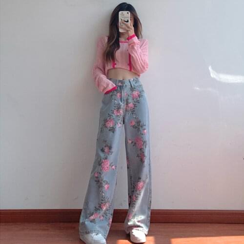 Vintage Jeans Women Autumn Flower Pattern Straight Wide Leg Pants High Waist Denim Trousers Y2k Aesthetic Grunge Clothes Female