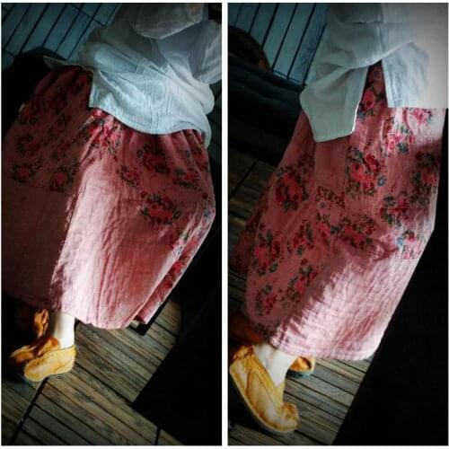 Skirts Womens 2020 Spring Vintage Chinese Style Pleated Mori Girl Style Loose Cotton Linen Women Skirt