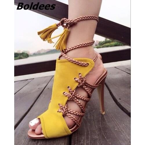 New Arrival Color Matched Suede Rope Style Fringed Sandals Women Sexy Peep Toe Stiletto Heeled Lace Up Tassel Shoes