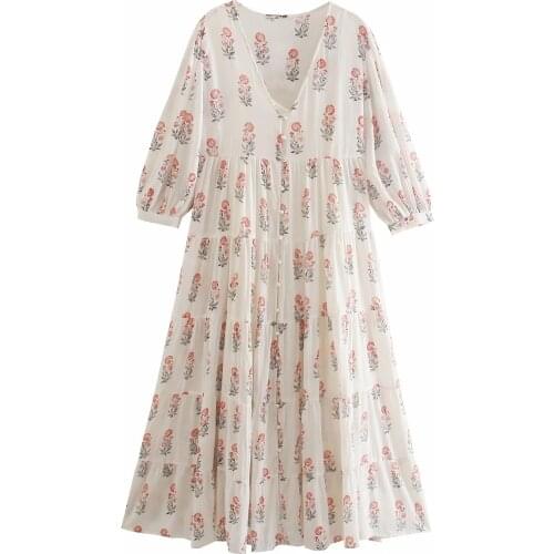 Za 2021 Oversize Summer women V Neck Baggy long Dresses Fashion Pleated casual Plus Size Vestido loose Flower Printed Midi Dress