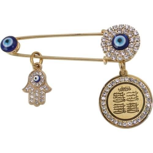 ZKD muslim islam hamsa hand of fatima four Qul suras Turkish evil eye Scarf Hijab crystal Stainless Steel Pin brooch Baby Pin