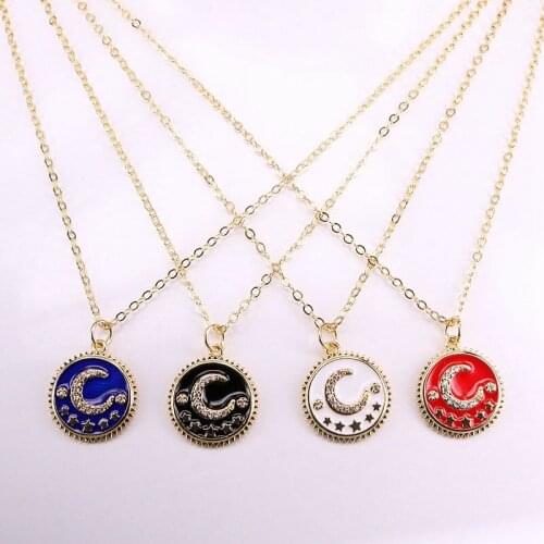 12PCS, Trendy Enamel and Cubic Zirconia Moon Round Pendant Necklace Gold Color Copper Jewelry