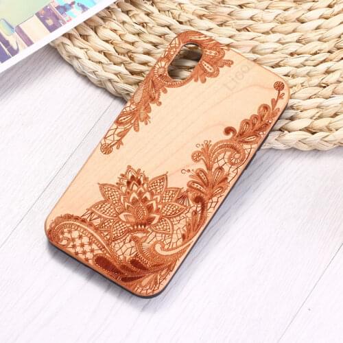 For iPhone 12 11 Pro Max XS X XR SE2 8 7 6S Plus Solid RoseWood Mandala Vintage Floral Engraved Wood Back Cover Phone Case Shell