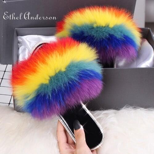 ETHEL ANDERSON New Fashion Real Fox Raccon Fully Fur Slippers Bright Diamond Fluffy Plush Warm Slippers Flat FurSlippers Shoes