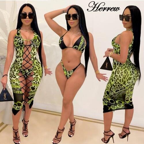 HERREW Summer Sexy Leopard Print Bikini Set + Bandage Lace Up Beachwear Dress Swim Dress Sexy Bathing Suit G Bikini Beach Wear