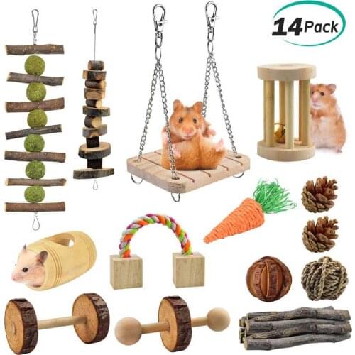 Hamster Chew Toys Gerbil Rat Guinea Pig Chinchilla Chew Toys Accessories Natural Wooden Dumbbells Exercise Bell Roller