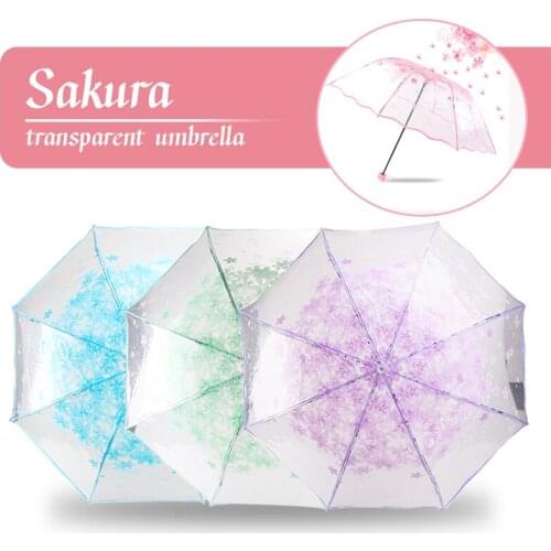 Fashion Automatic Cute Sakura Rain Umbrella Transparent Three-fold Umbrella Cherry Blossom Mushroom Sakura Umbrella Rain Gear