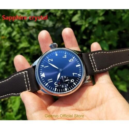 Sapphire crystal 44mm GEERVO light blue dial Asian 6497 17 jewels Mechanical Hand Wind movement mens watch green luminous 153A