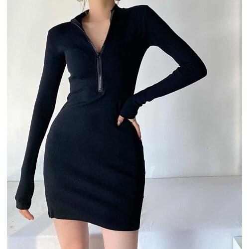 European and American retro hot girl zipper pullover black temperament ins slim bottom skirt bag hip half high collar dress