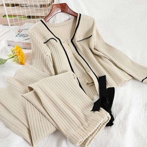 Popular Korean new product set 2021 spring fall women Single-breasted knitted jacket straight Wide leg pants three-piece sets145