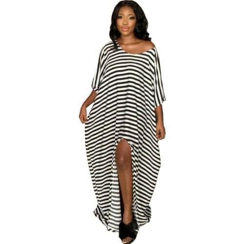 Summer Short Sleeve Dress Women Vintage Stripe Printed Split Long Sundress Robe Femme Casual Retro Party Vestido Femme Dresses