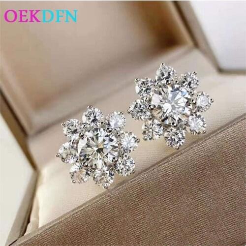 OEKDFN Real 925 Sterling Silver Created Moissanite Gemstone Wedding White Gold Flower Ear Studs Earrings For Women Fine Jewelry