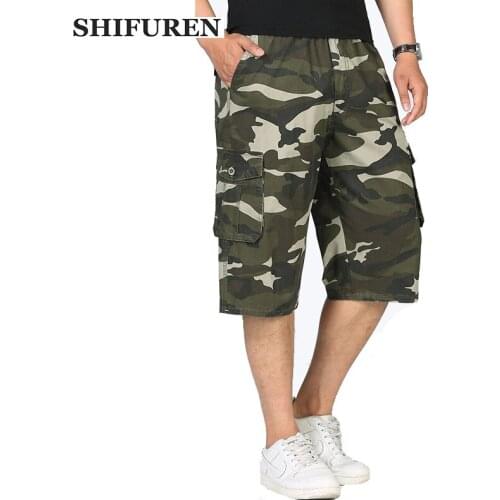SHIFUREN New Summer Camouflage Cargo Shorts Men Loose Fit Elastic Waist Multi-pocket Military Short Trousers Big Size XL-5XL