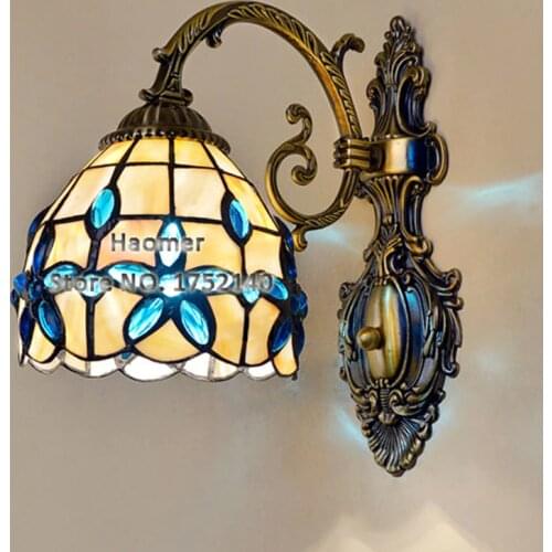 Mediterranean sea style lilac wall lamp 26cm. crystal beads shell stained glass mirror lights bedroom bedside lamp