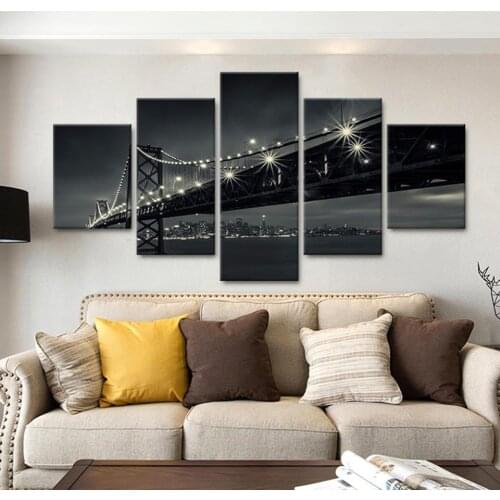 Modern Home Decor Modular Picture 5 Pcs Night Golden Gate Bridge Framed Abstract Canvas Print Painting Wall Art For Living Room