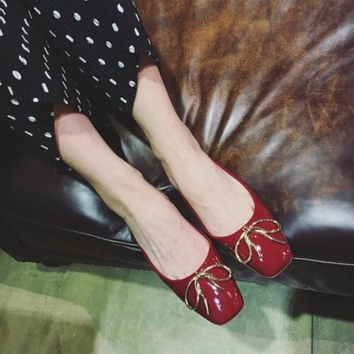 Square Head Metal Buttons Lacquer Skin Bow Knot Shallow Mouth Pregnant Woman Flat Shoes Women Singles Shoes Modern Dance Banquet