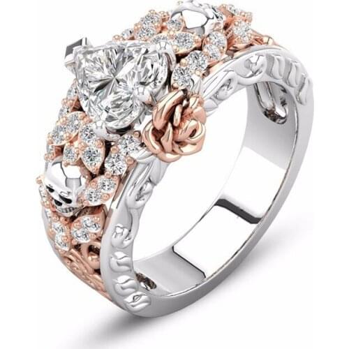 Vintage Gothic Devil Death Skull Rose Color Rings for Women Girl Fashion Engagement Shiny Crystal Rose Flower Ring Jewelry Gift