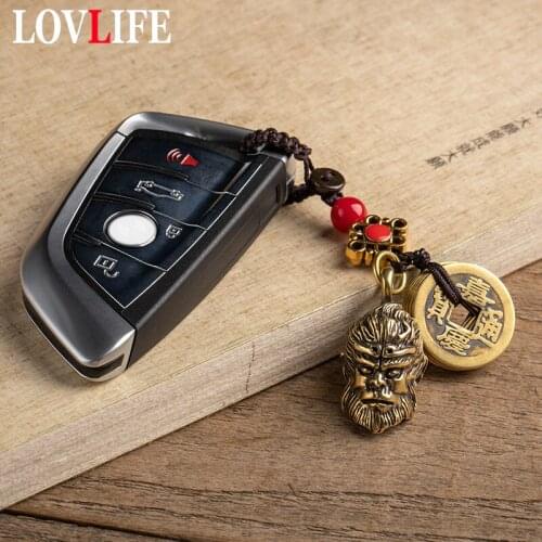 Vintage Brass Monkey King Keychains Handmde Lanyard Pendants Jewelry Chinese Five Emperors Coins Lucky Feng Shui Hangings Charms