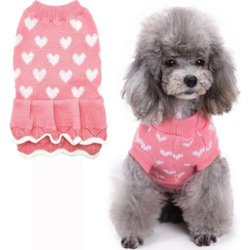 A Pet Dog Sweater Dress Love Pattern Dog Clothes Small Dogs Cat Warm Coat Jacket Skirt For Dachshund Chihuahua Small Large Dogs