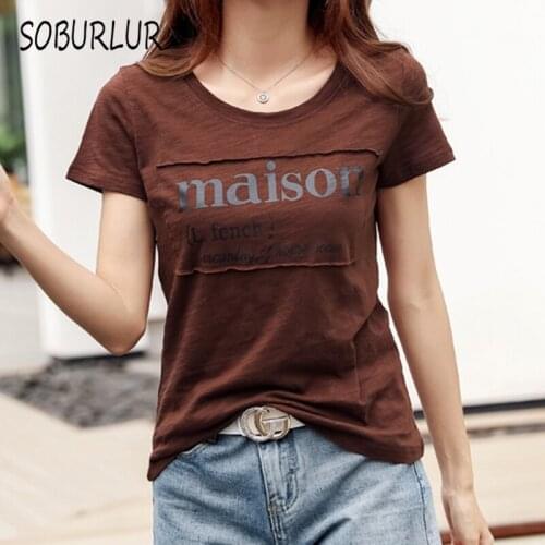 SOBURLUR LGirls Lady Shirt Women Tops O-neck Tees Woman T-shirt Womens T-shirt Solid color Short sleeve Crop Top 2021 New