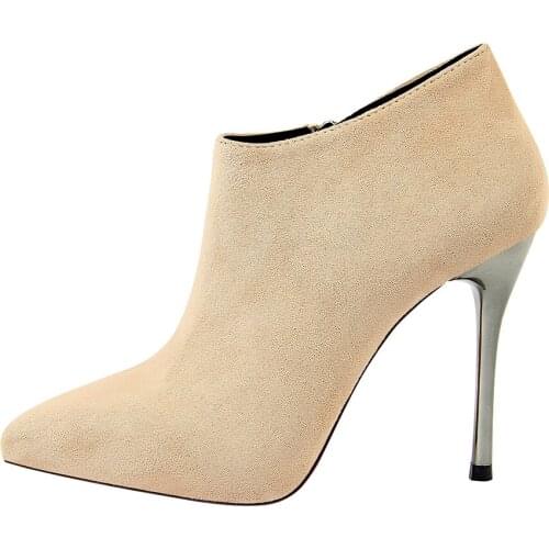 Booties Women Point Toe High Heels Pumps Faux Suede Ankle Boots Ladies Party Office Dress Shoes Beige Black Boot Female Size 40