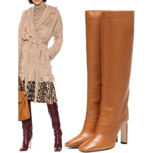 Pointed Toe Knee Boots woman 10cm high heels luxury Design chunky heeled womens Shoes Winter fur boots