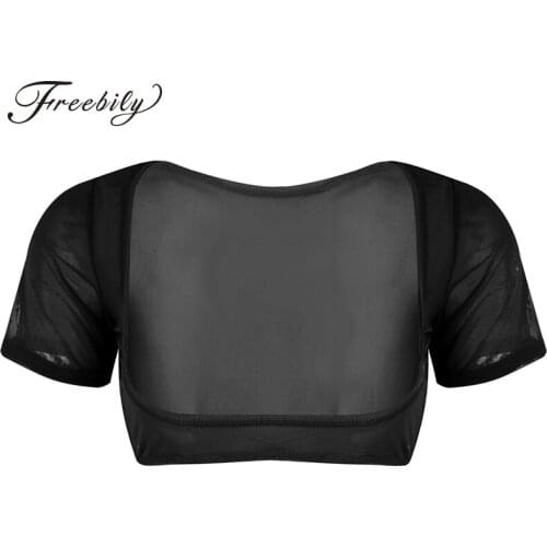 Belly Dance Costume Sexy Women Soft Mesh See Through Sheer Open Bust Short Sleeve Belly Dance Crop Tops