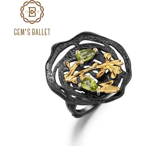 GEMS BALLET 925 Sterling Silver Two Tone Handmade Adjustable Statement Cocktail Ring For Women Natural Peridot Gemstone Ring