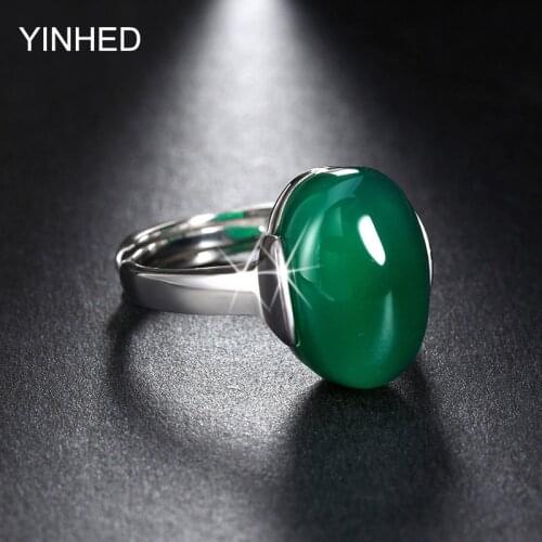 YINHED Genuine 925 Sterling Silver Jewelry Big Green/Red Crystal Adjustable Finger Rings For Women Engagement Ring ZR303