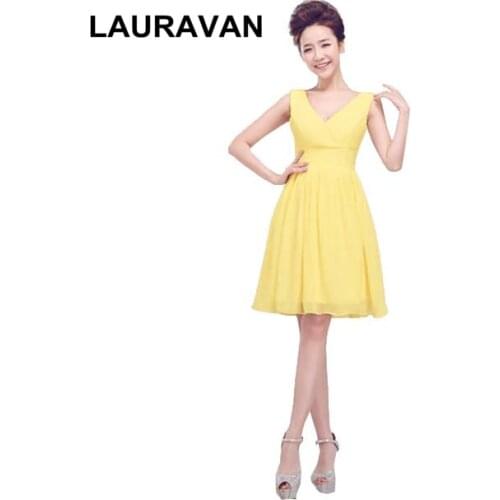 Yellow red hot pink royal blue chiffon womens a line v neck robe soiree short bridesmaid dress new arrival 2020 real picture