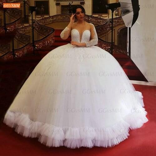 Dubai White Wedding Gown 2021 O Neck vestido de novia Beading Pearls Bride Dresses Long Sleeves marry Custom Made hochzeitskleid
