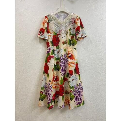 Beading Lace Turn-Down Neck Women Long Dresses Retro Floral Printed Summer Elegant Lady Vintage Dress Vestidos Clothing