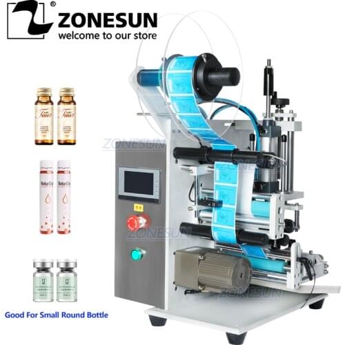 ZONESUN Semi Automatic Desktop Vial Small Plastic Reagent Round Bottle Pen Single Double Sides Labeling Machine Label Applicator