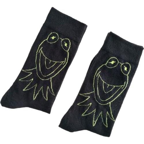 1 Pair of Black Fashion Socks, Unisex, Funny Cartoon Frog Animal Design Socks for Women, Creative Personality Letter Men Socks