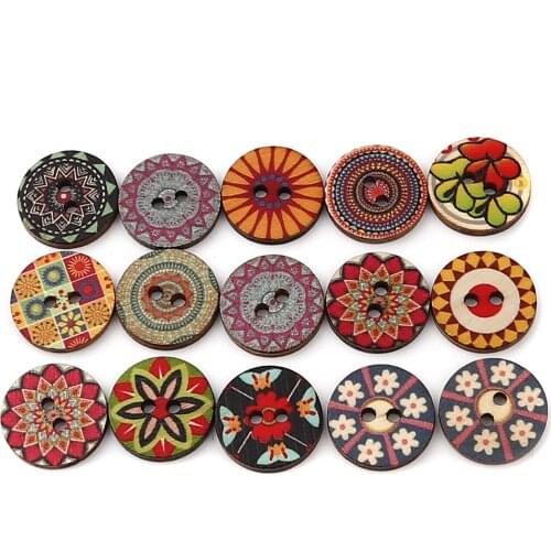 100 PCs Wood Buddhism Mandala Sewing Buttons Scrapbooking Two Holes Round Multicolor Flower 20mm 25mm Dia. For DIY Craft Making