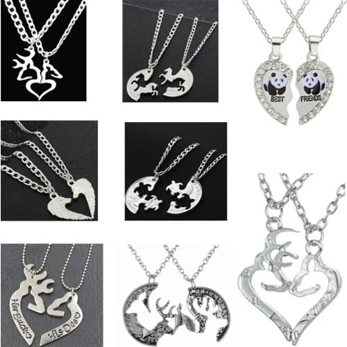 2PC Running Horses Pandas Deer Wolf Tortoise Animals Pendant Chain Necklace Best Friend Couple Love Lovers Friendship Gifts BFF